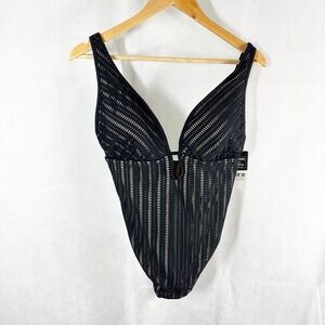 Bar III Plunging  Crochet One-Piece Swimsuit Black Size Large